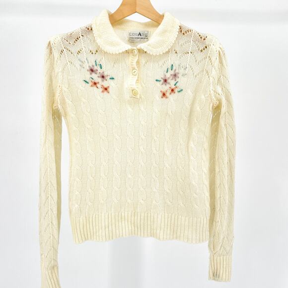 Vintage 80s Cream Embroidered Floral Knit Peter Pan Collar Sweater - Picture 1 of 7